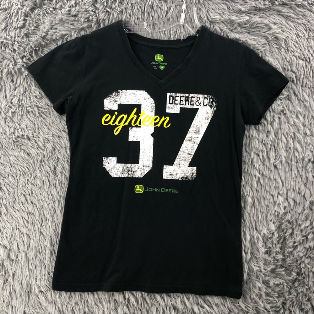John Deere Tshirt Womens Medium Vneck Black Spellout Logo Short Sleeve Shirt